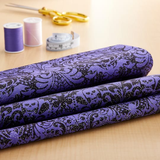 Fabric Traditions Halloween Purple Glitter Gothic Scroll Home Décor Fabric
